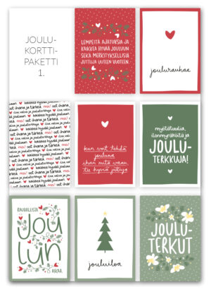 Ninnimoi joulukorttipaketti, kahdeksan erilaista joulukorttia
