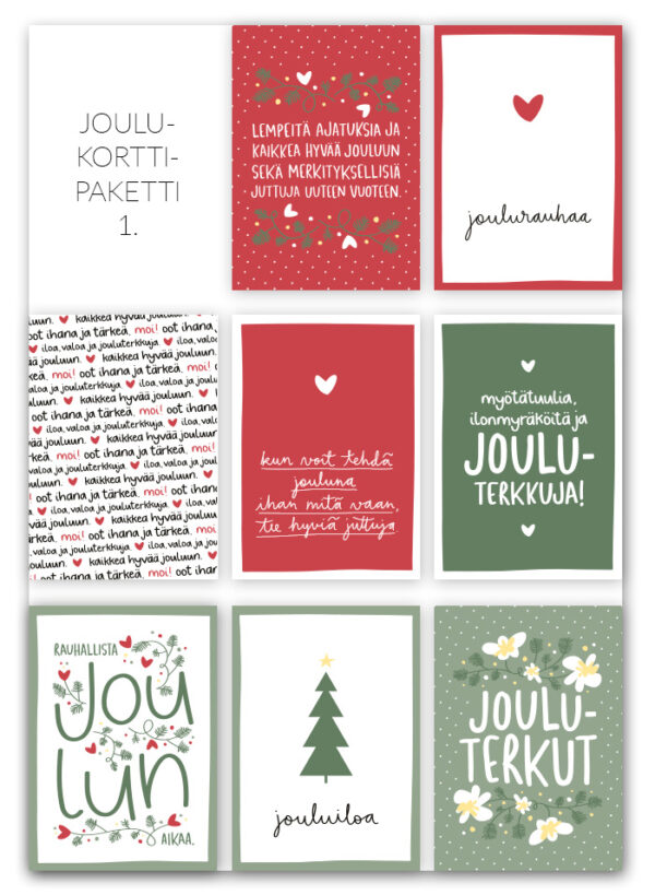Ninnimoi joulukorttipaketti, kahdeksan erilaista joulukorttia