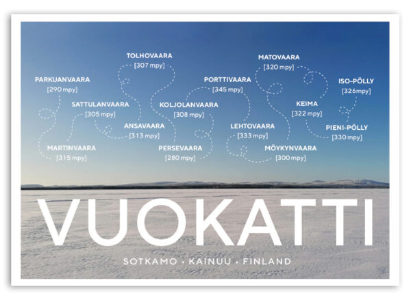 Vuokatin vaarajono, kaikki vaarojen nimet ja korkeudet UKK-polun varrelta Iso-Pöllyltä Parkuanvaaralle.